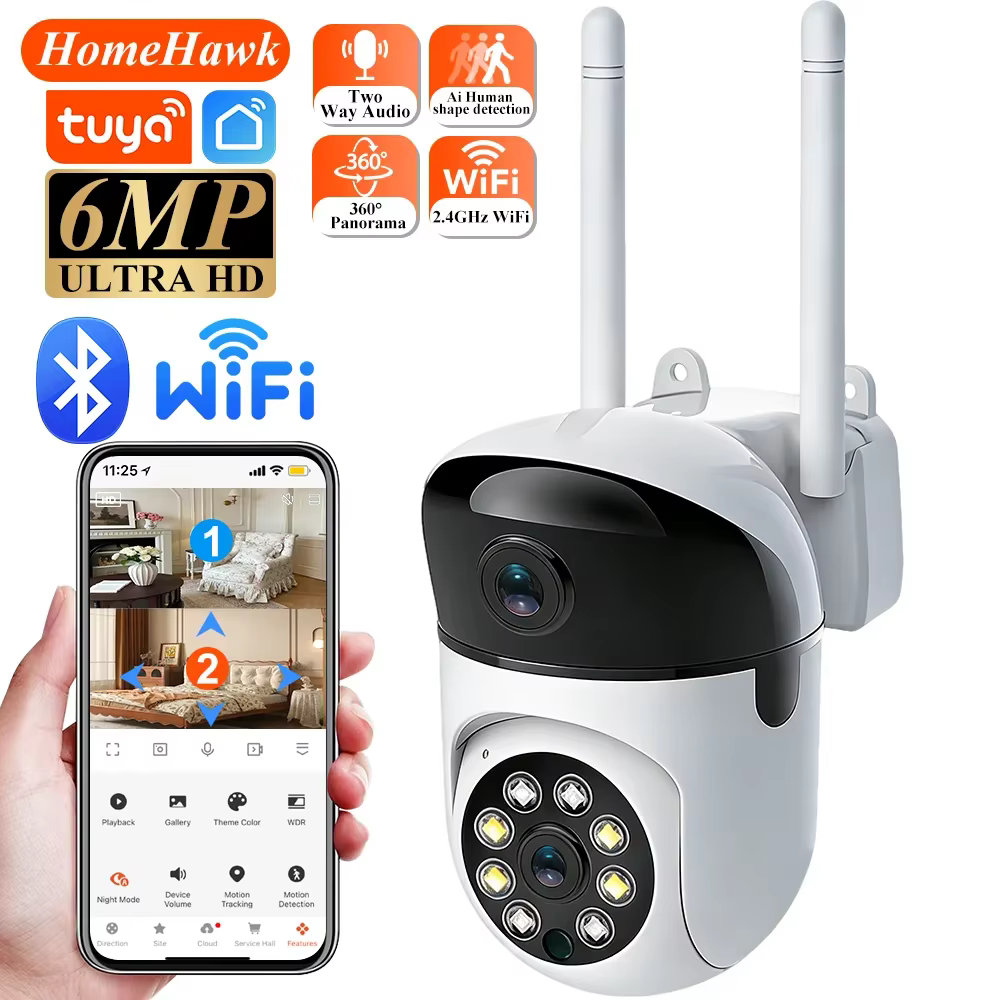 Indoor Camera Wifi Tuya Smart Life 6MP Dual Lens HD Dual Screen AI Auto Tracking PTZ Security Wireless Video Surveillance Camera