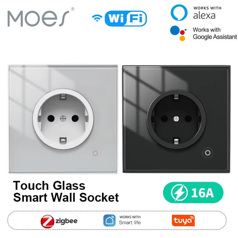 MOES 16A Tuya WiFi/ZigBee Smart Socket ,EU Wall Glass Panel Outlet Smart Plug Energy Monitor SmartLife App For Alexa Google Home