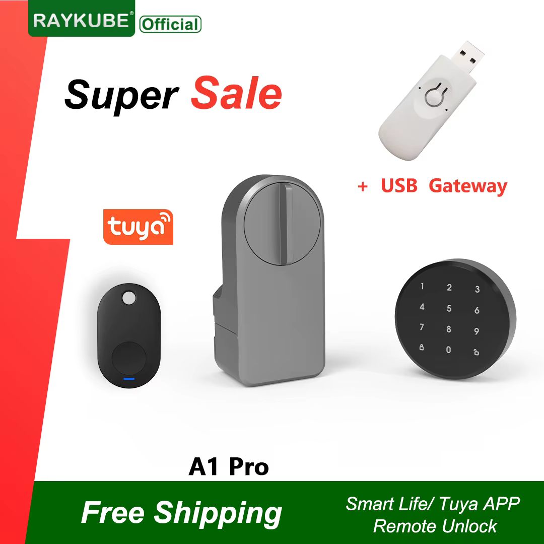 RAYKUBE A1 Pro Tuya BEL Smart Door Lock Set with Fobs/ Keypad/ Smart Key Tuya Remote Unlock Work with Alexa Google Assistant