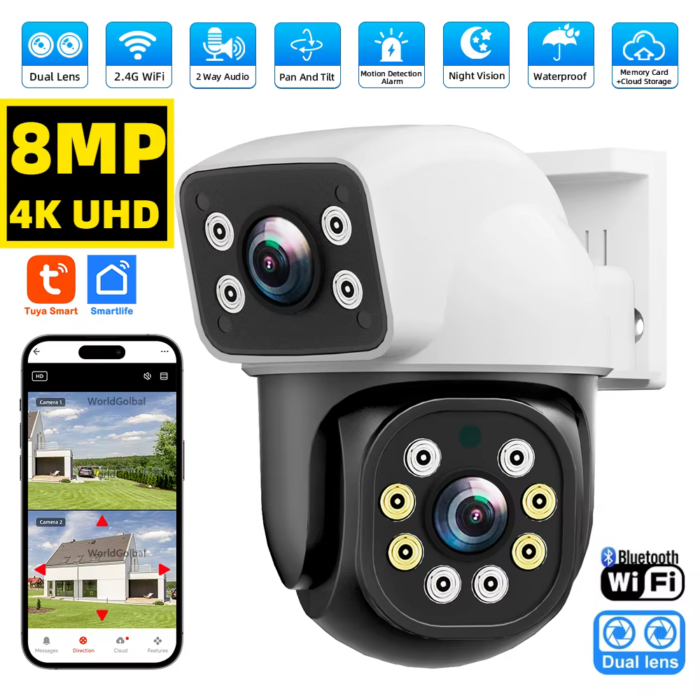 Tuya 8MP 4K WIFI IP Camera PTZ Dual Lens Dual Screen Motion Detection Full Color Night Outdoor Security Surveillance Camera Tuya