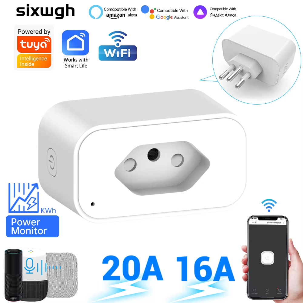 Tuya WiFi Smart Socket Brazil Plug Type N, Remote & Voice Control, Timer/Countdown, Overload Protection, Smart Life