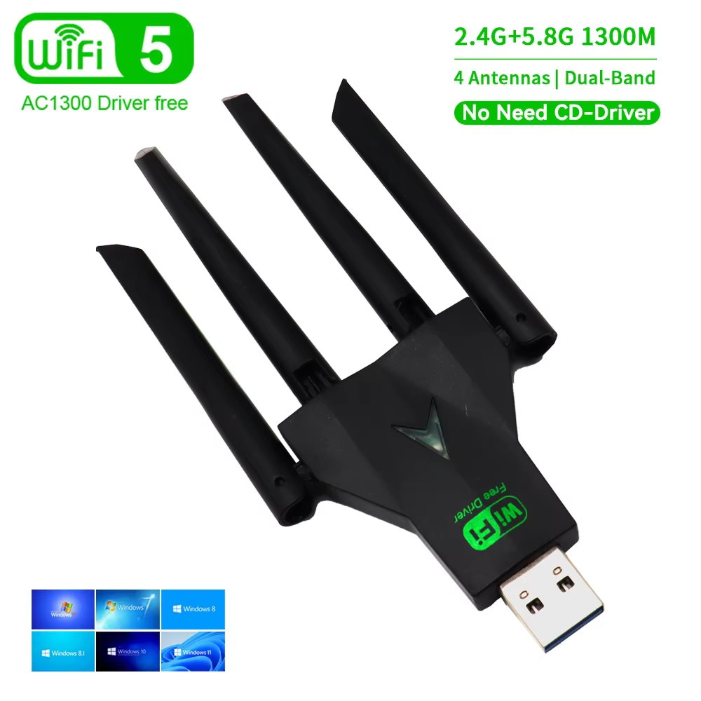 Dual Band 1200Mbps WiFi USB Adapter 2.4G/5.8Ghz Wi-Fi5 Dongle 4 Antenna USB3.0 Wireless Receiver For PC/Laptop No CD Driver Free