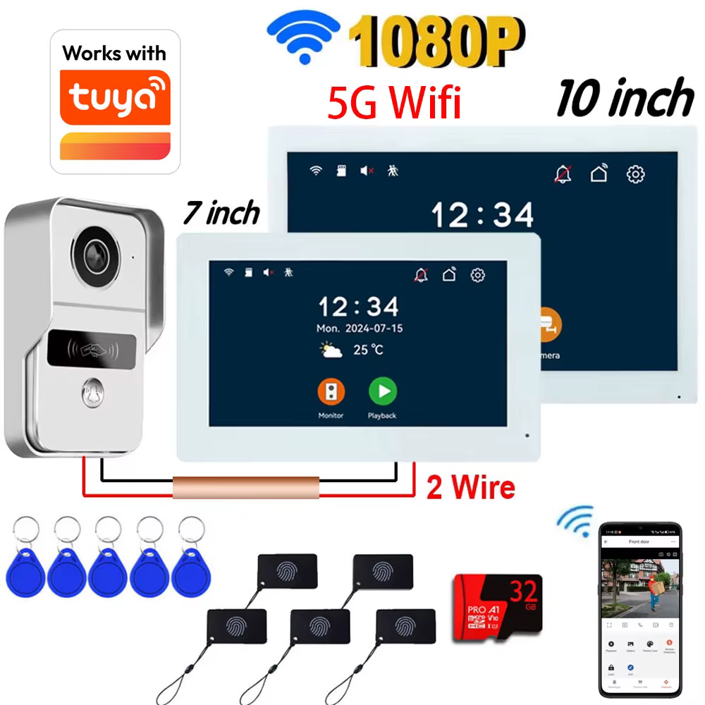 7/10inch Wifi 2 Wire Intercom Door Bell Video Intercom System For Home Doorphone WiFi TUYA Smart Life APP 1080P Touch Monitor