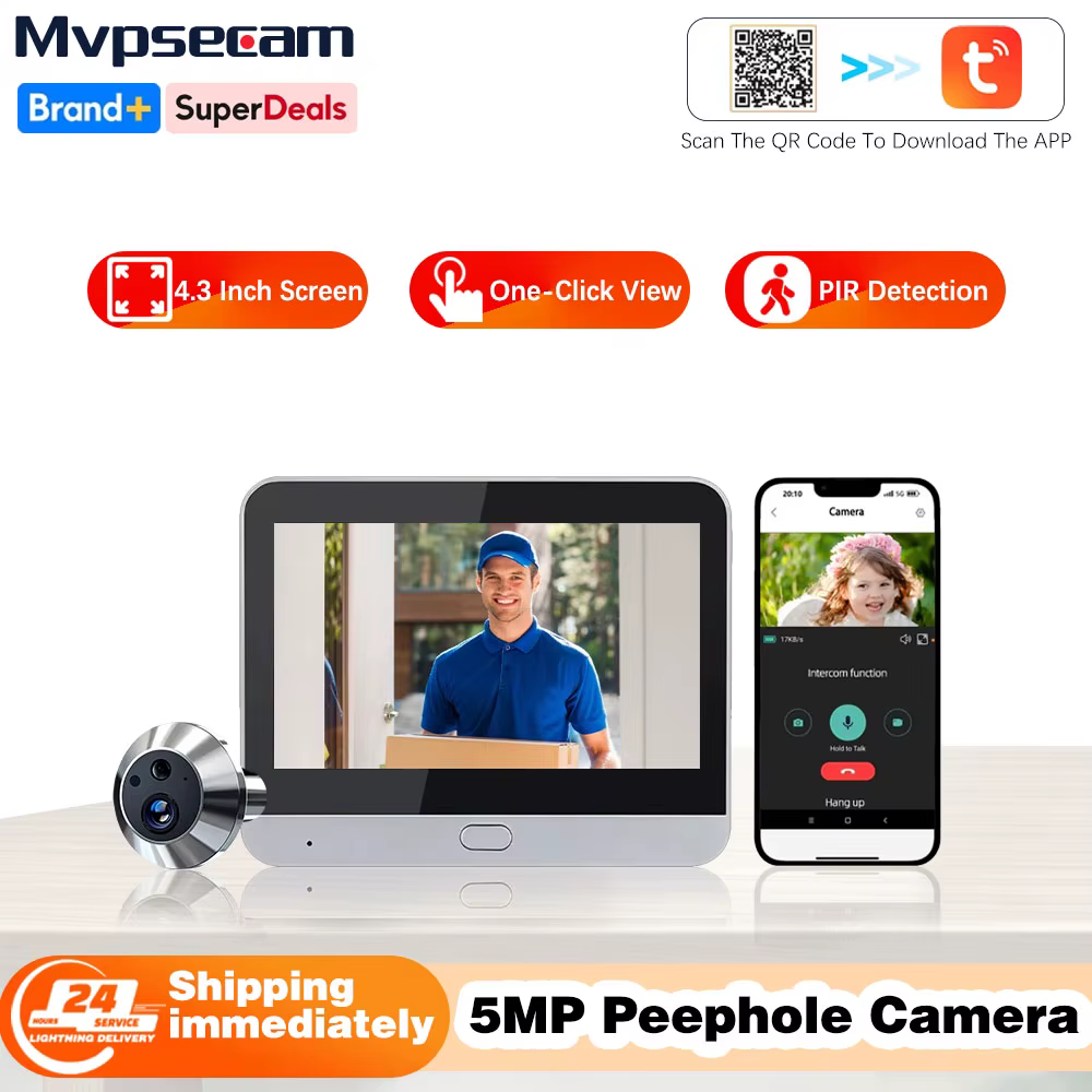 Tuya Smart 5MP 140° Wide View Angle Digital Peephole Eye View WiFi PIR Detection Doorbell Door Camera Alexa Google 4.3" Monitor
