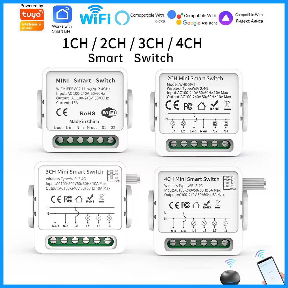 Tuya WiFi Smart Switch 1/2/3/4 Gang 4-Way Mini Smart Light Breaker Compatible with Smart Life Alexa Google Home voice control
